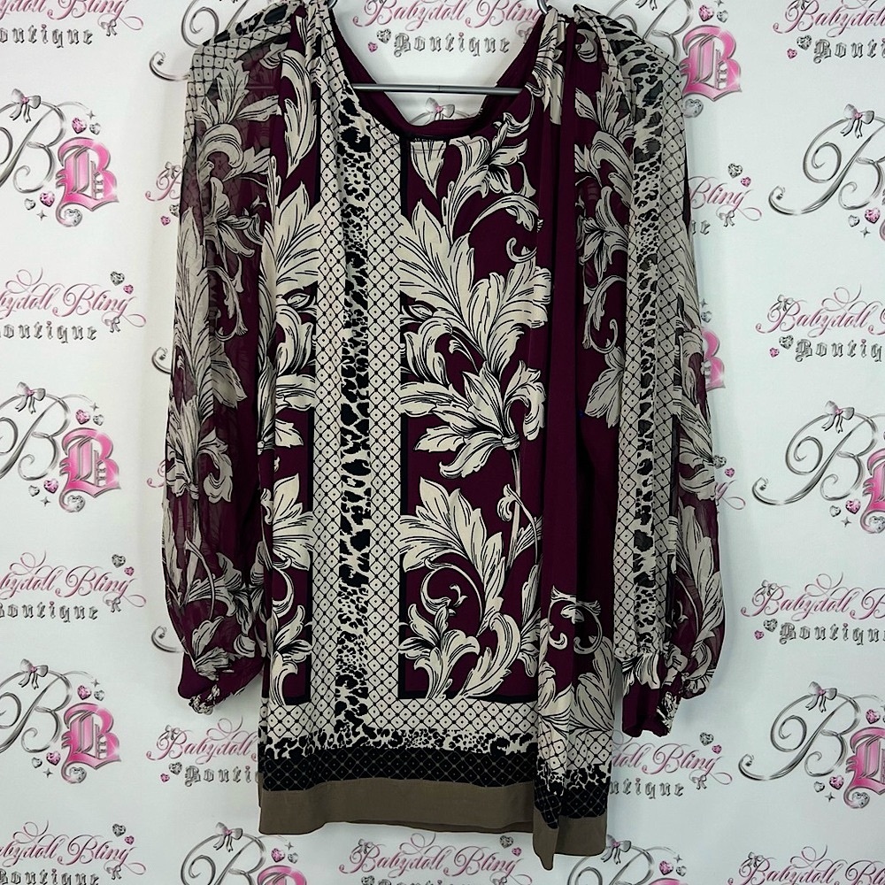 Alfani top long sleeves long style top shirt Burgundy and Cream Floral Blouse